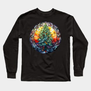 Stained glass window with Christmas tree in warm colours Long Sleeve T-Shirt